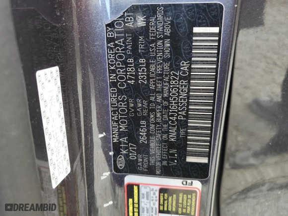 2017 Kia Cadenza Technology with VIN KNALC4J16H5061822, listed as a Copart auction lot 84995124 with 0 mi miles and Salvage Title. Bid and sale history available at carsss.com. Image 13.