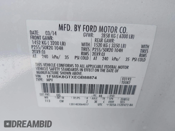 2014 Ford Explorer Sport z VIN 1FM5K8GTXEGB88874, wystawiony jako IAAI lot #41894234 z przebiegiem 81 321 mil mil oraz . Historia ofert i sprzedaży dostępna na DreamBid. Obrazek 9.
