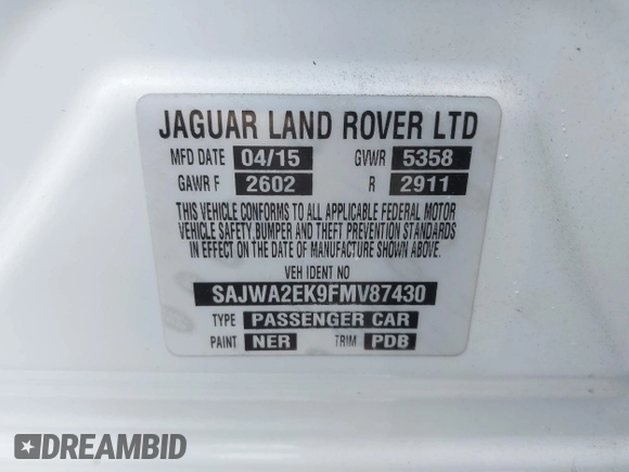2015 Jaguar XJ with VIN SAJWA2EK9FMV87430, listed as a IAAI auction lot 41408797 with 101,147 mi miles and . Bid and sale history available at DreamBid. Image 9.