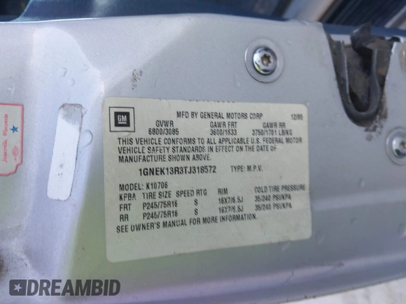 1996 Chevrolet Tahoe z VIN 1GNEK13R3TJ318572, wystawiony jako IAAI lot #41419555 z przebiegiem 199 201 mil mil oraz . Historia ofert i sprzedaży dostępna na DreamBid. Obrazek 9.