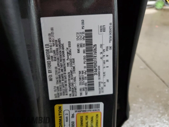 2015 Ford Fusion SE with VIN 3FA6P0HD1FR160626, listed as a Copart auction lot 49679365 with 106,280 mi miles and Salvage Title. Bid and sale history available at DreamBid. Image 12.