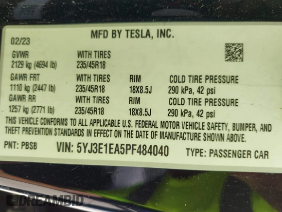 2023 Tesla Model 3 z VIN 5YJ3E1EA5PF484040, wystawiony jako IAAI lot #42128327 z przebiegiem 51 210 mil mil oraz . Historia ofert i sprzedaży dostępna na DreamBid. Obrazek 9.