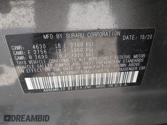 2021 Subaru Legacy Premium with VIN 4S3BWAF63M3006016, listed as a IAAI auction lot 42037252 with 74,688 mi miles and . Bid and sale history available at DreamBid. Image 9.