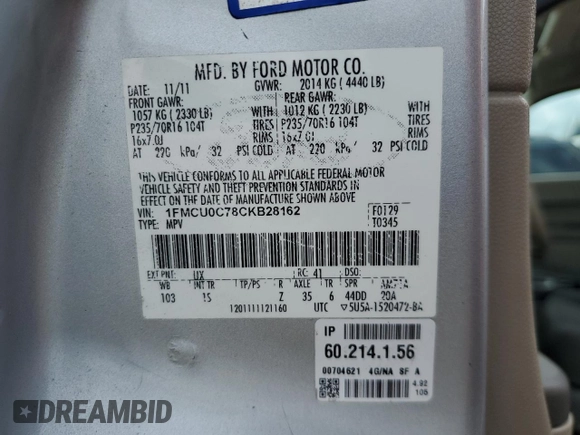 2012 Ford Escape XLS with VIN 1FMCU0C78CKB28162, listed as a Copart auction lot 56680675 with 183,352 mi miles and Salvage title. Bid and sale history available at DreamBid. Image 13.