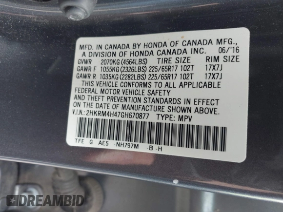 2016 Honda CR-V SE with VIN 2HKRM4H47GH670877, listed as a IAAI auction lot 41952201 with 152,394 mi miles and . Bid and sale history available at carsss.com. Image 9.
