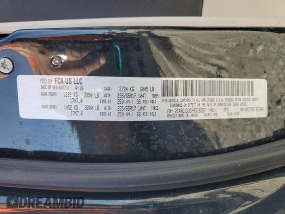 2017 Chrysler Pacifica Touring with VIN 2C4RC1DG5HR516397, listed as a Copart auction lot 53685085 with 181,210 mi miles and Salvage Title. Bid and sale history available at DreamBid. Image 13.