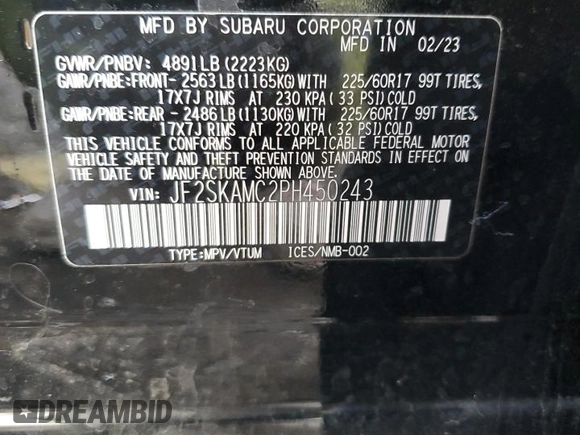 2023 Subaru Forester Wilderness with VIN JF2SKAMC2PH450243, listed as a Copart auction lot 58396525 with 24,880 mi miles and Salvage title. Bid and sale history available at DreamBid. Image 13.