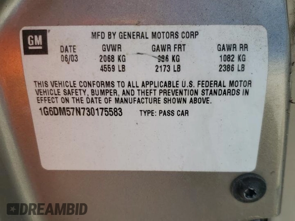 2003 Cadillac CTS with VIN 1G6DM57N730175583, listed as a Copart auction lot 51387365 with 183,098 mi miles and Salvage Title. Bid and sale history available at carsss.com. Image 12.