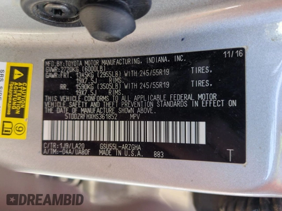 2017 Toyota Highlander Limited z VIN 5TDDZRFHXHS361852, wystawiony jako Copart lot #52359305 z przebiegiem 111 228 mil mil oraz Szkoda całkowita • Salvage title. Historia ofert i sprzedaży dostępna na DreamBid. Obrazek 13.