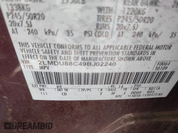 2009 Lincoln MKX with VIN 2LMDU88C49BJ02240, listed as a IAAI auction lot 42038085 with 258,418 mi miles and . Bid and sale history available at DreamBid. Image 9.