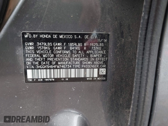 2015 Honda Fit EX-L with VIN 3HGGK5H84FM746734, listed as a IAAI auction lot 42280507 with Not provided miles and . Bid and sale history available at DreamBid. Image 9.