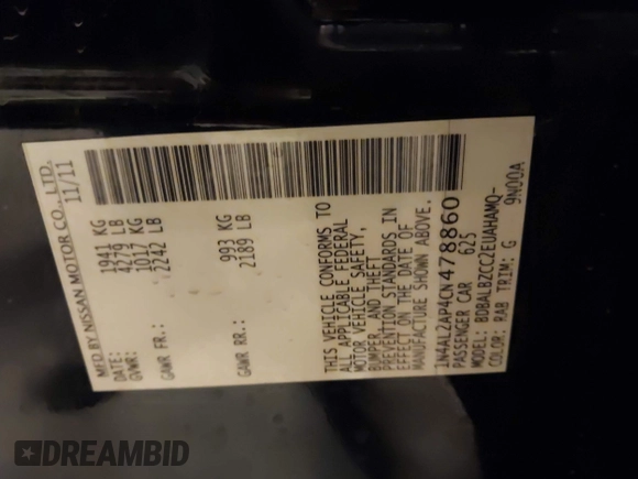 2012 Nissan Altima 2.5 with VIN 1N4AL2AP4CN478860, listed as a IAAI auction lot 41911788 with 165,203 mi miles and . Bid and sale history available at DreamBid. Image 9.