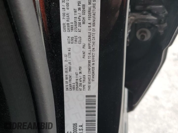 2022 Ram 1500 Laramie with VIN 1C6SRFJT4NN300006, listed as a Copart auction lot 54976775 with 61,436 mi miles and Salvage title. Bid and sale history available at DreamBid. Image 13.
