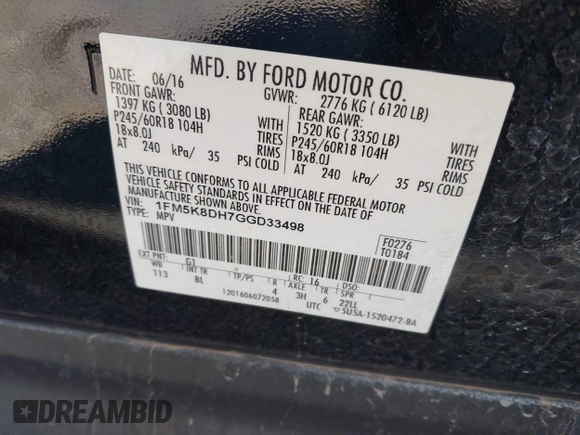 2016 Ford Explorer XLT with VIN 1FM5K8DH7GGD33498, listed as a IAAI auction lot 41877596 with 66,847 mi miles and . Bid and sale history available at DreamBid. Image 9.