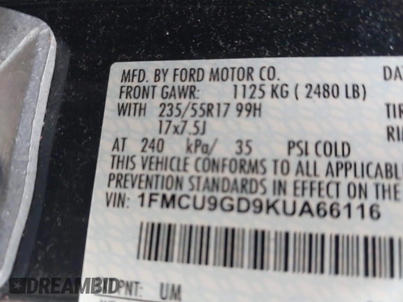 2019 Ford Escape SE with VIN 1FMCU9GD9KUA66116, listed as a IAAI auction lot 42070604 with 98,777 mi miles. Bid and sale history available at carsss.com. Image 9.