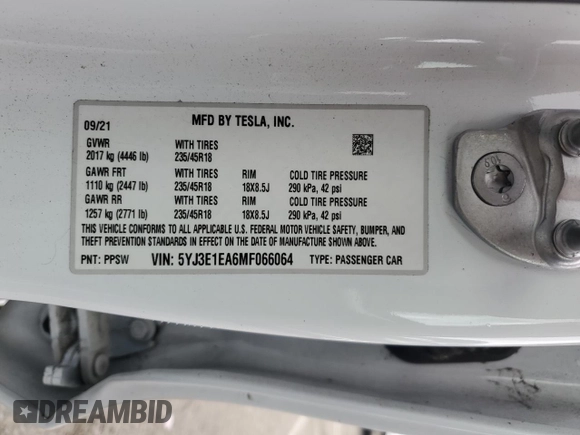 2021 Tesla Model 3 Standard Range Plus with VIN 5YJ3E1EA6MF066064, listed as a Copart auction lot 54063625 with 27,424 mi miles and Salvage Title. Bid and sale history available at DreamBid. Image 13.
