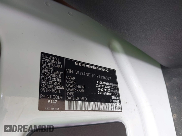 2023 Mercedes-Benz Sprinter Cargo with VIN W1Y4NCHY1PT126337, listed as a IAAI auction lot 41485671 with 93,627 mi miles. Bid and sale history available at carsss.com. Image 9.
