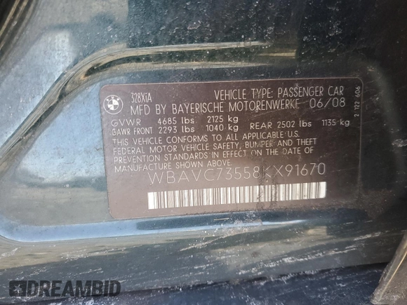 2008 BMW 3 Series 328xi with VIN WBAVC73558KX91670, listed as a Copart auction lot 45142735 with 0 mi miles and Salvage Title. Bid and sale history available at carsss.com. Image 14.