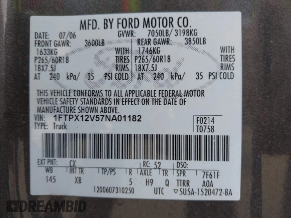 2007 Ford F-150 XL with VIN 1FTPX12V57NA01182, listed as a IAAI auction lot 42124222 with 187,828 mi miles and . Bid and sale history available at DreamBid. Image 9.