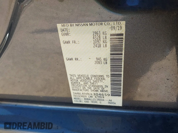 2020 Nissan Altima Platinum with VIN 1N4BL4FV9LN304659, listed as a IAAI auction lot 41507014 with 59,962 mi miles and . Bid and sale history available at carsss.com. Image 9.