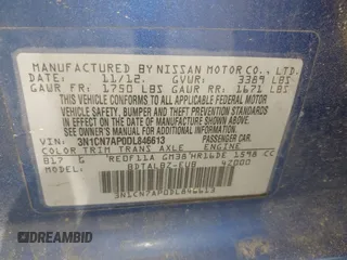 2013 Nissan Versa SV with VIN 3N1CN7AP0DL846613, listed as a IAAI auction lot 42461000 with 179,909 mi miles and . Bid and sale history available at DreamBid. Image 9.
