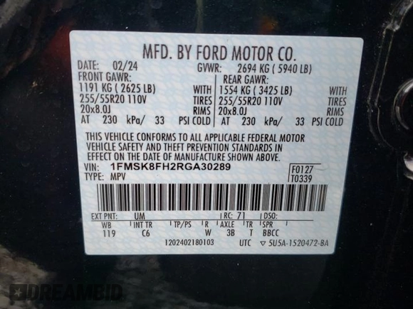 2024 Ford Explorer Limited with VIN 1FMSK8FH2RGA30289, listed as a Copart auction lot 42601865 with 22,613 mi miles and Salvage Title. Bid and sale history available at carsss.com. Image 14.