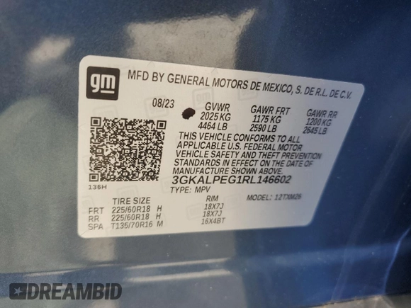 2024 GMC Terrain SLT with VIN 3GKALPEG1RL146602, listed as a Copart auction lot 59375185 with 29,640 mi miles and Salvage title. Bid and sale history available at DreamBid. Image 12.