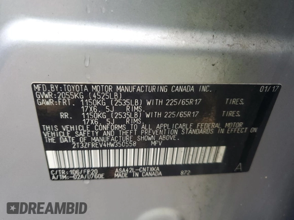 2017 Toyota RAV4 LE with VIN 2T3ZFREV4HW350558, listed as a Copart auction lot 83446744 with 87,244 mi miles and Salvage Title. Bid and sale history available at DreamBid. Image 13.