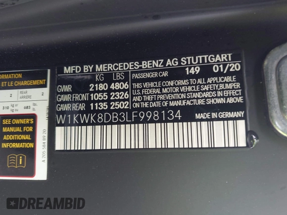 2020 Mercedes-Benz C 300 with VIN W1KWK8DB3LF998134, listed as a IAAI auction lot 42618261 with Not provided miles and . Bid and sale history available at DreamBid. Image 9.