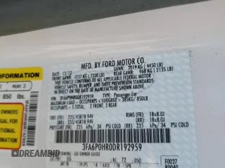 2013 Ford Fusion SE with VIN 3FA6P0HR0DR192959, listed as a Copart auction lot 55964335 with 192,306 mi miles and Clean title. Bid and sale history available at DreamBid. Image 12.
