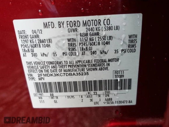 2013 Ford Edge Limited with VIN 2FMDK3KC7DBA35235, listed as a Copart auction lot 51468245 with 127,928 mi miles and Salvage Title. Bid and sale history available at carsss.com. Image 14.