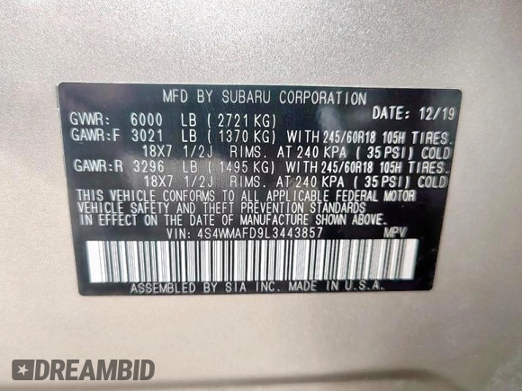 2020 Subaru Ascent Premium с VIN 4S4WMAFD9L3443857, выставлен на аукционе Copart как лот 62200185 с пробегом 125 937 миль миль и Чистый • Clean title. История ставок и продаж доступна на DreamBid. Изображение 10.