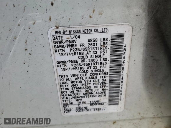2004 Nissan Murano SL with VIN JN8AZ08T54W210416, listed as a Copart auction lot 52399365 with Not Provided miles and Salvage Title. Bid and sale history available at DreamBid. Image 14.