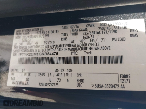 2016 Ford Transit Cargo with VIN 1FTYR2CM1GKB54475, listed as a IAAI auction lot 42626212 with 111,724 mi miles and . Bid and sale history available at DreamBid. Image 9.
