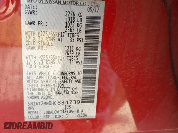2017 Nissan Rogue SV z VIN 5N1AT2MN0HC834739, wystawiony jako Copart lot #57524185 z przebiegiem 164 175 mil mil oraz Szkoda całkowita • Salvage title. Historia ofert i sprzedaży dostępna na DreamBid. Obrazek 12.