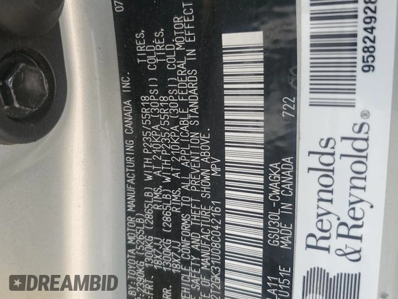 2008 Lexus RX 350 with VIN 2T2GK31U08C042161, listed as a Copart auction lot 54774565 with 195,367 mi miles and Salvage Title. Bid and sale history available at DreamBid. Image 12.