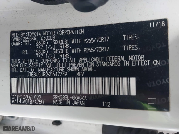 2019 Toyota 4Runner SR5 with VIN JTEBU5JR2K5647749, listed as a IAAI auction lot 41669287 with 120,772 mi miles. Bid and sale history available at carsss.com. Image 9.