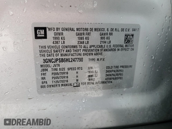 2017 Chevrolet Trax LT with VIN 3GNCJPSB6HL247790, listed as a Copart auction lot 54567685 with 68,689 mi miles and Salvage Title. Bid and sale history available at carsss.com. Image 14.