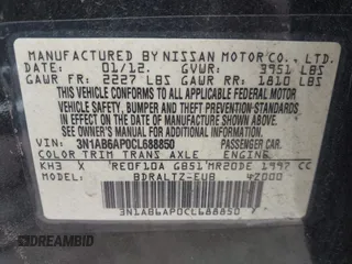 2012 Nissan Sentra S z VIN 3N1AB6AP0CL688850, wystawiony jako IAAI lot #42385859 z przebiegiem 160 182 mil mil oraz . Historia ofert i sprzedaży dostępna na DreamBid. Obrazek 9.