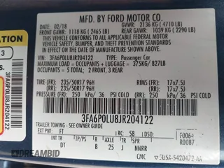 2018 Ford Fusion SE with VIN 3FA6P0LU8JR204122, listed as a IAAI auction lot 41868262 with 95,269 mi miles and . Bid and sale history available at DreamBid. Image 9.