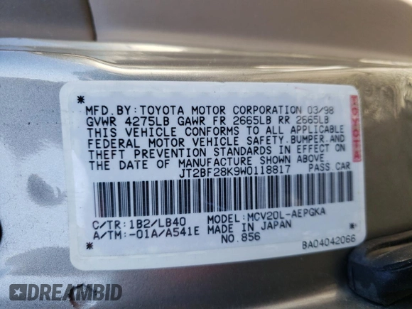 1998 Toyota Camry LE z VIN JT2BF28K9W0118817, wystawiony jako Copart lot #42603885 z przebiegiem 45 808 mil mil oraz Czysty tytuł • Clean title. Historia ofert i sprzedaży dostępna na DreamBid. Obrazek 12.