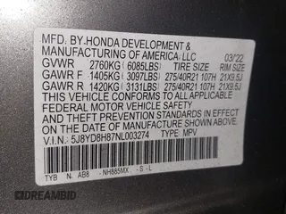 2022 Acura MDX Type S w/Advance Package with VIN 5J8YD8H87NL003274, listed as a IAAI auction lot 41386114 with 13,140 mi miles. Bid and sale history available at carsss.com. Image 9.