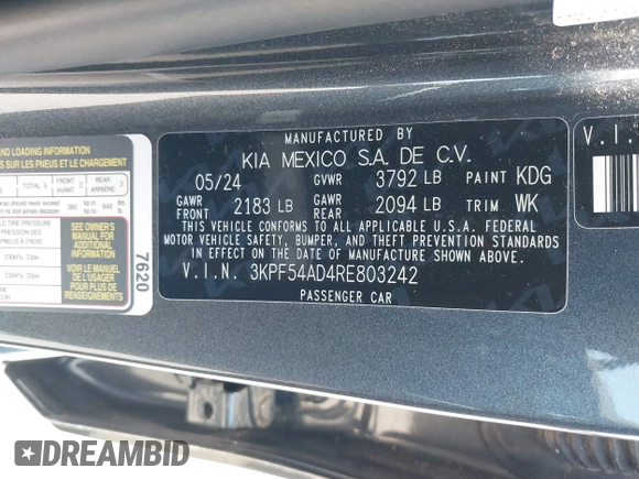 2024 Kia Forte GT-Line with VIN 3KPF54AD4RE803242, listed as a IAAI auction lot 41826518 with 5,099 mi miles. Bid and sale history available at carsss.com. Image 9.