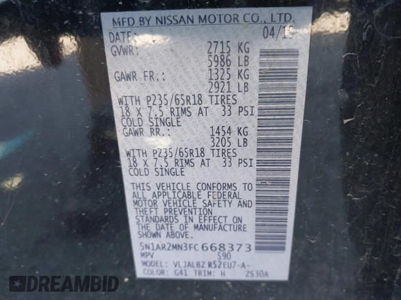 2015 Nissan Pathfinder Platinum with VIN 5N1AR2MN3FC668373, listed as a IAAI auction lot 42175275 with 169,913 mi miles and . Bid and sale history available at DreamBid. Image 9.