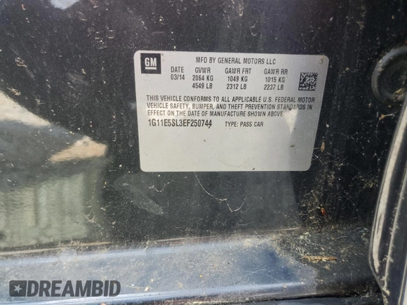 2014 Chevrolet Malibu LT with VIN 1G11E5SL3EF250744, listed as a Copart auction lot 54629325 with 146,127 mi miles and Clean Title. Bid and sale history available at DreamBid. Image 12.