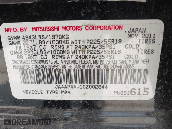 2012 Mitsubishi Outlander SE with VIN JA4AP4AU1CZ002844, listed as a IAAI auction lot 42297590 with 66,065 mi miles and . Bid and sale history available at DreamBid. Image 9.