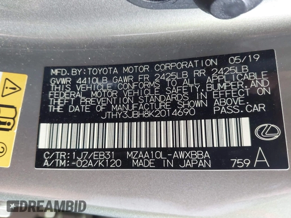 2019 Lexus UX 200 with VIN JTHY3JBH8K2014690, listed as a IAAI auction lot 41809617 with 51,849 mi miles and . Bid and sale history available at DreamBid. Image 9.