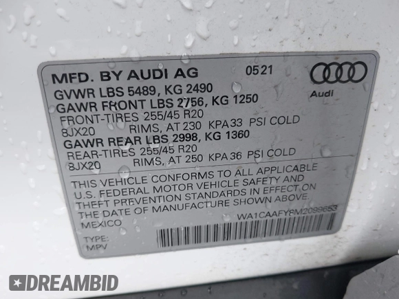 2021 Audi Q5 Prestige with VIN WA1CAAFY8M2099653, listed as a IAAI auction lot 41903022 with 27,611 mi miles. Bid and sale history available at carsss.com. Image 9.