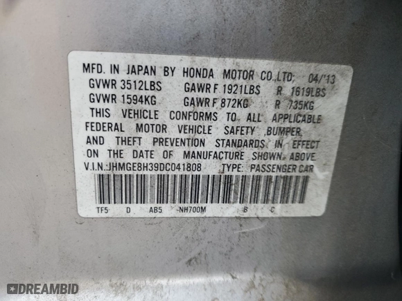 2013 Honda Fit with VIN JHMGE8H39DC041808, listed as a Copart auction lot 52563975 with 127,074 mi miles and Salvage Title. Bid and sale history available at carsss.com. Image 12.