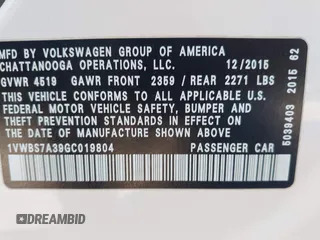 2016 Volkswagen Passat SE z VIN 1VWBS7A39GC019804, wystawiony jako IAAI lot #42189273 z przebiegiem 113 006 mil mil oraz . Historia ofert i sprzedaży dostępna na DreamBid. Obrazek 9.
